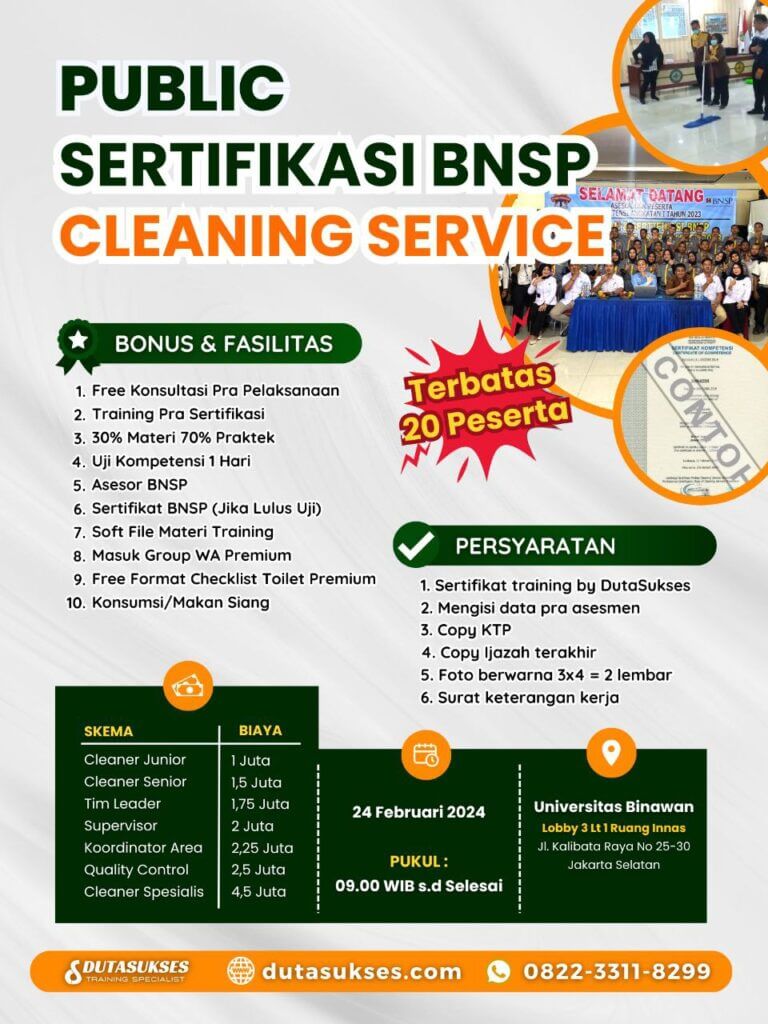 0822-3311-8299 | Jadwal Public Sertifikasi BNSP Cleaning Service